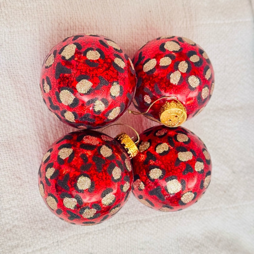 4 Vintage Glass Red Gold & Black Glitter Leopard Christmas Tree Ornaments - Picture 2 of 7